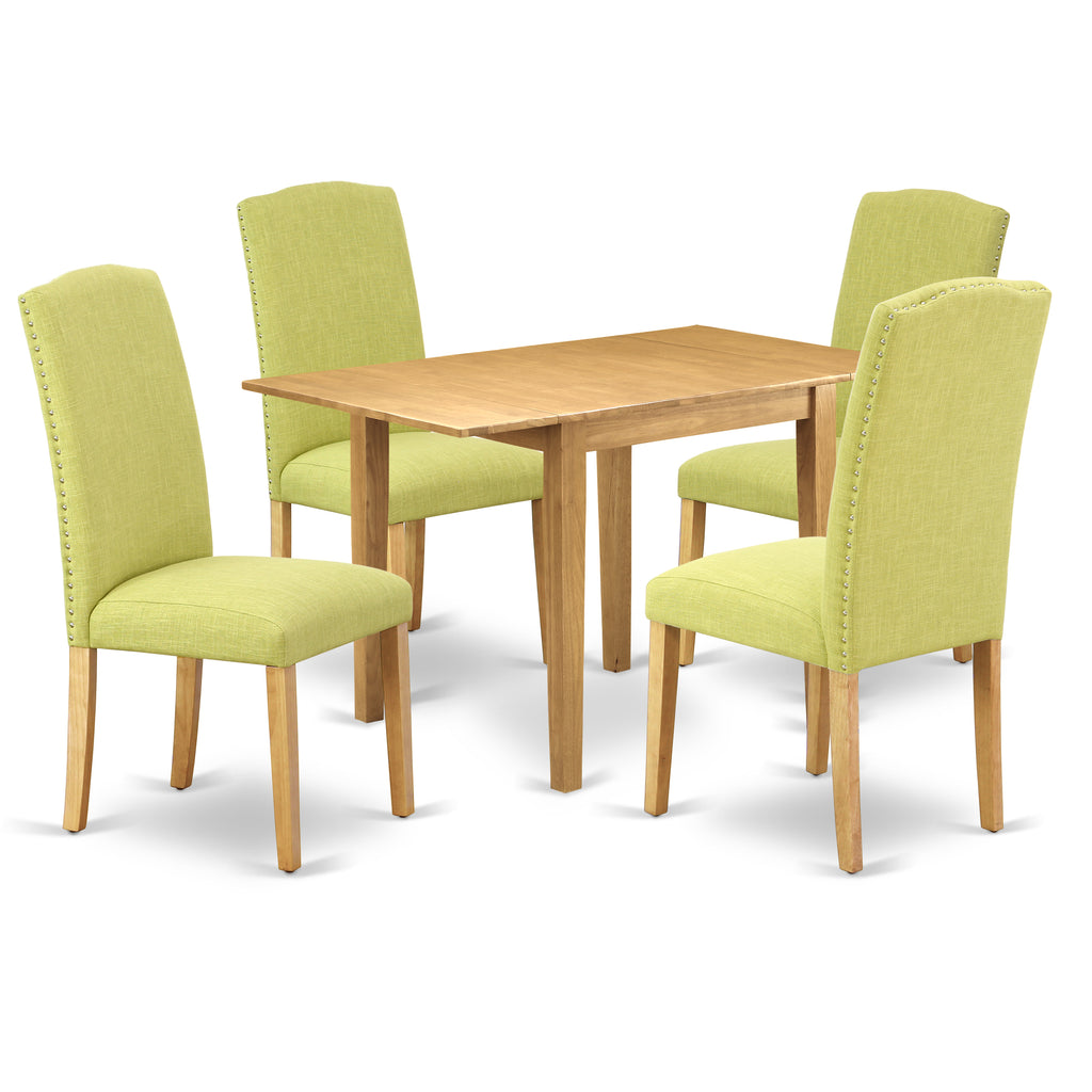 East West Furniture NDEN5-OAK-07 5 Piece Dining Room Furniture Set Includes a Rectangle Dining Table with Dropleaf and 4 Limelight Linen Fabric Upholstered Chairs, 30x48 Inch, Oak