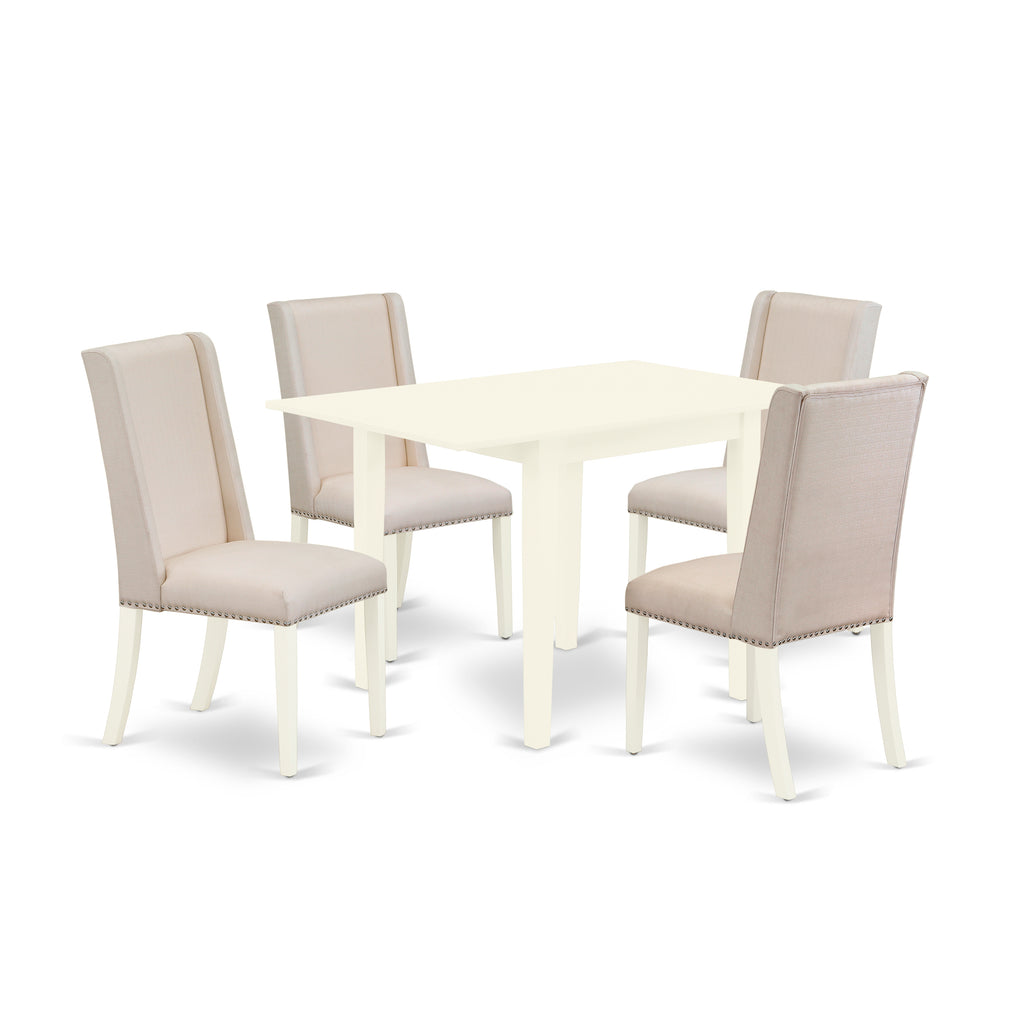 East West Furniture NDFL5-LWH-01 5 Piece Kitchen Table Set for 4 Includes a Rectangle Dining Room Table with Dropleaf and 4 Cream Linen Fabric Upholstered Chairs, 30x48 Inch, Linen White