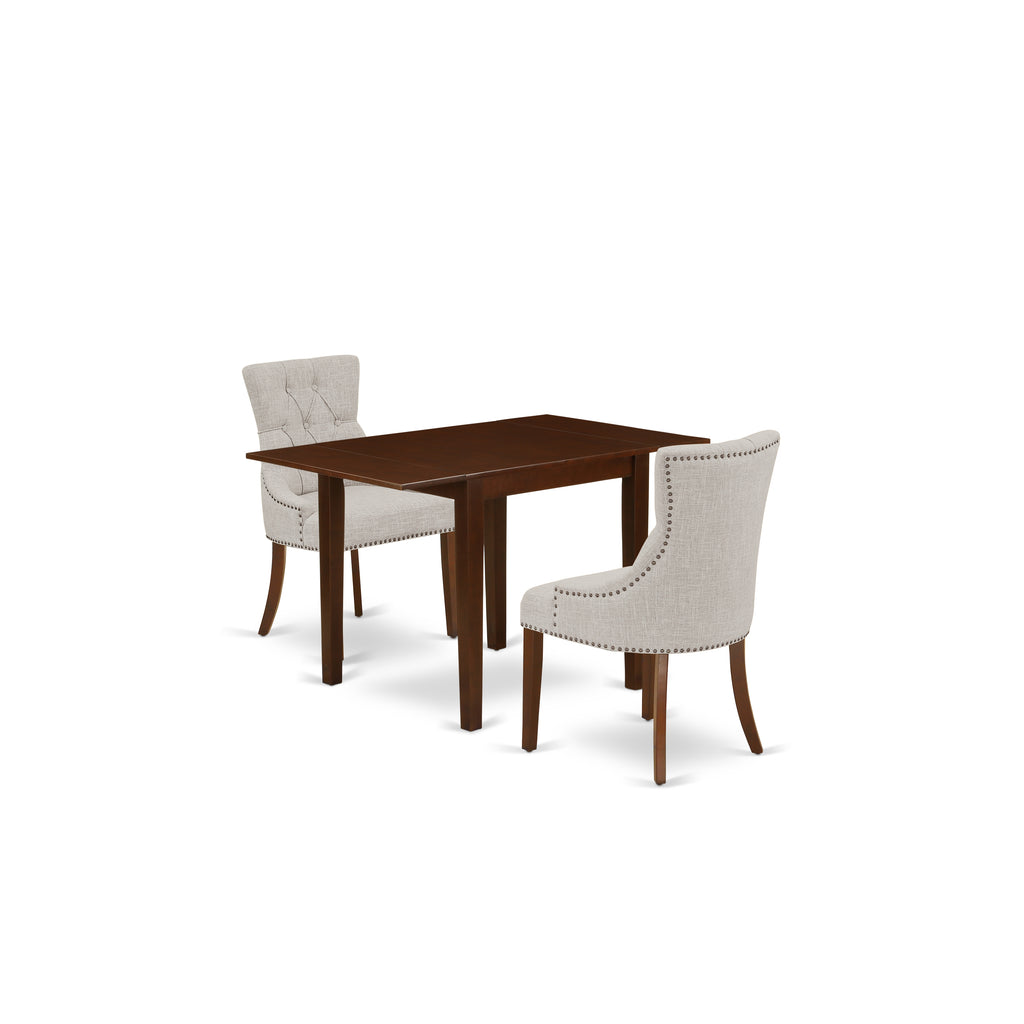 East West Furniture NDFR3-MAH-05 3 Piece Kitchen Table & Chairs Set Contains a Rectangle Dining Room Table with Dropleaf and 2 Doeskin Linen Fabric Parsons Chairs, 30x48 Inch, Mahogany