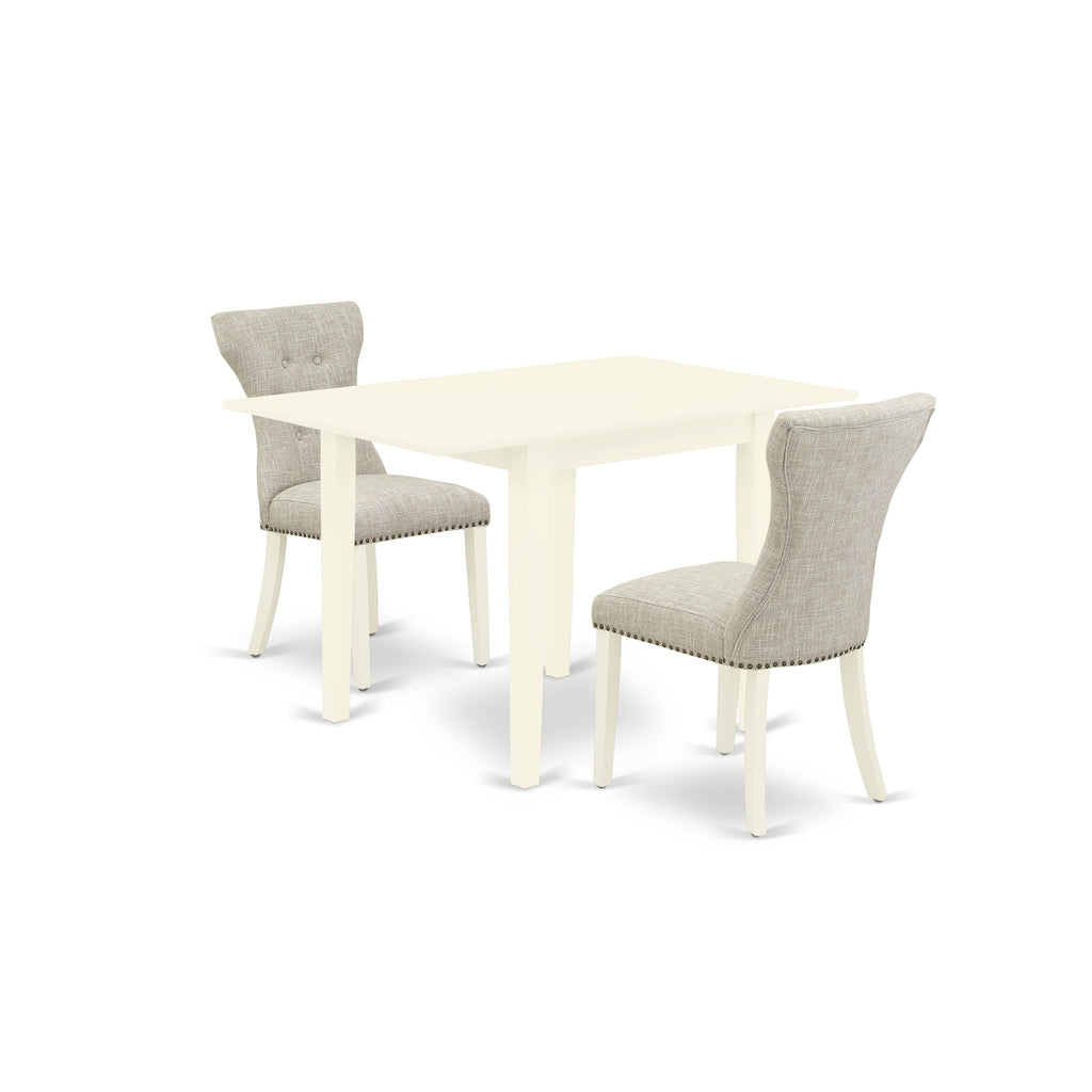East West Furniture NDGA3-LWH-35 3 Piece Dinette Set for Small Spaces Contains a Rectangle Dining Table with Dropleaf and 2 Doeskin Linen Fabric Upholstered Chairs, 30x48 Inch, Linen White