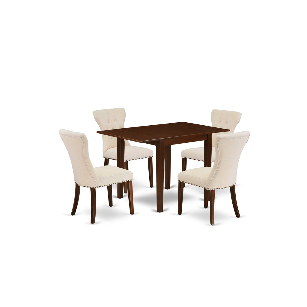East West Furniture NDGA5-MAH-32 5 Piece Dining Table Set Includes a Rectangle Kitchen Table with Dropleaf and 4 Light Beige Linen Fabric Parson Dining Chairs, 30x48 Inch, Mahogany
