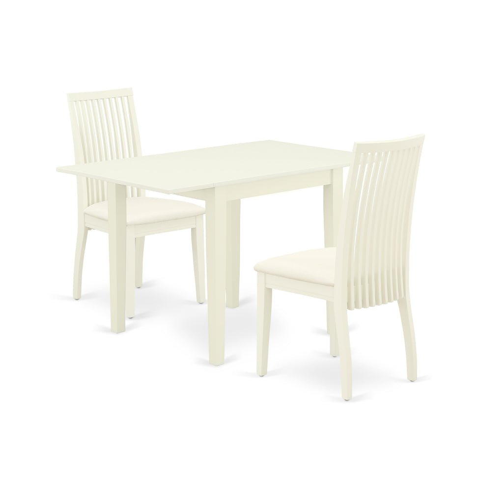 East West Furniture NDIP3-LWH-C 3 Piece Modern Dining Table Set Contains a Rectangle Wooden Table with Dropleaf and 2 Linen Fabric Dining Room Chairs, 30x48 Inch, Linen White