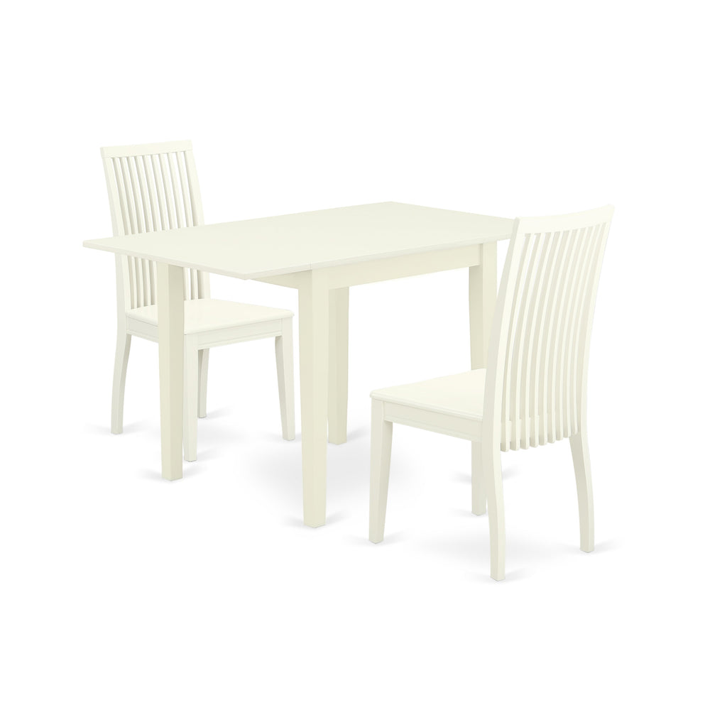 East West Furniture NDIP3-LWH-W 3 Piece Dining Set Contains a Rectangle Dining Table with Dropleaf and 2 Kitchen Chairs, 30x48 Inch, Linen White