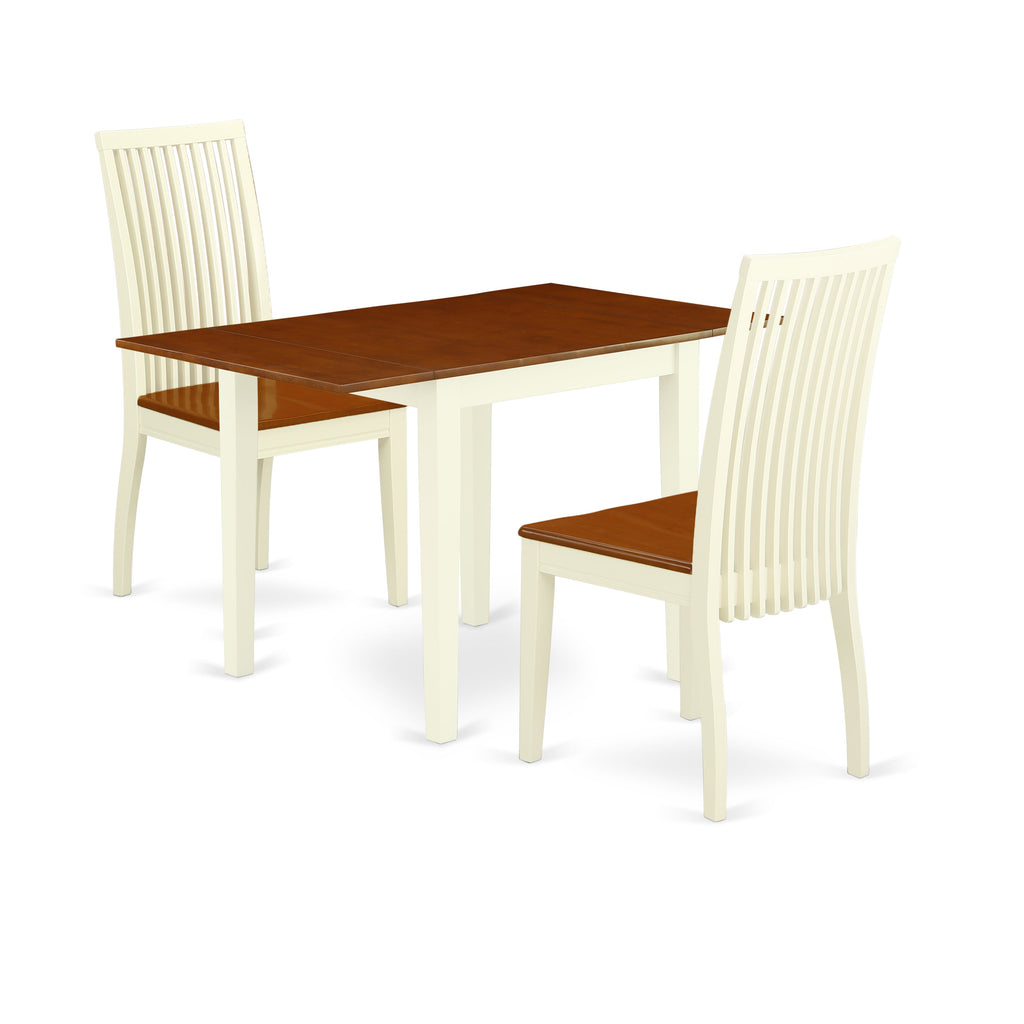 East West Furniture NDIP3-WHI-W 3 Piece Dining Room Furniture Set Contains a Rectangle Kitchen Table with Dropleaf and 2 Dining Chairs, 30x48 Inch, Buttermilk & Cherry