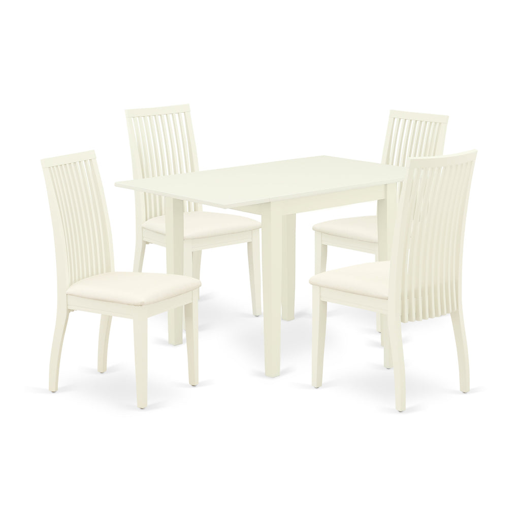 East West Furniture NDIP5-LWH-C 5 Piece Kitchen Table Set for 4 Includes a Rectangle Dining Room Table with Dropleaf and 4 Linen Fabric Upholstered Chairs, 30x48 Inch, Linen White