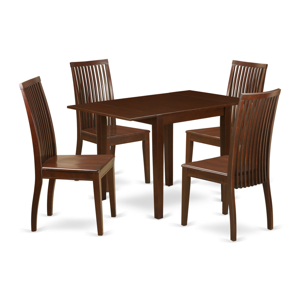 East West Furniture NDIP5-MAH-W 5 Piece Kitchen Table & Chairs Set Includes a Rectangle Dining Room Table with Dropleaf and 4 Dining Chairs, 30x48 Inch, Mahogany