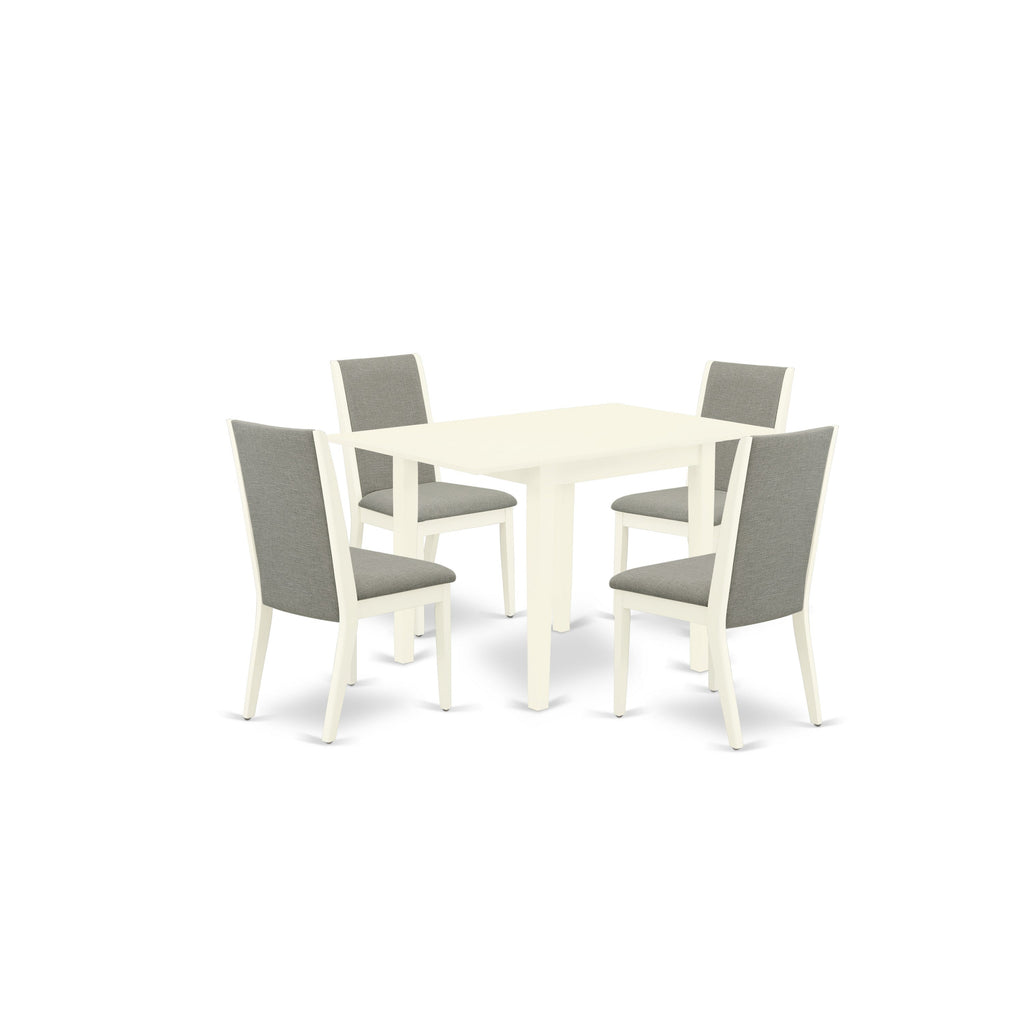 East West Furniture NDLA5-LWH-06 5 Piece Dinette Set for 4 Includes a Rectangle Dining Room Table with Dropleaf and 4 Shitake Linen Fabric Parsons Dining Chairs, 30x48 Inch, Linen White