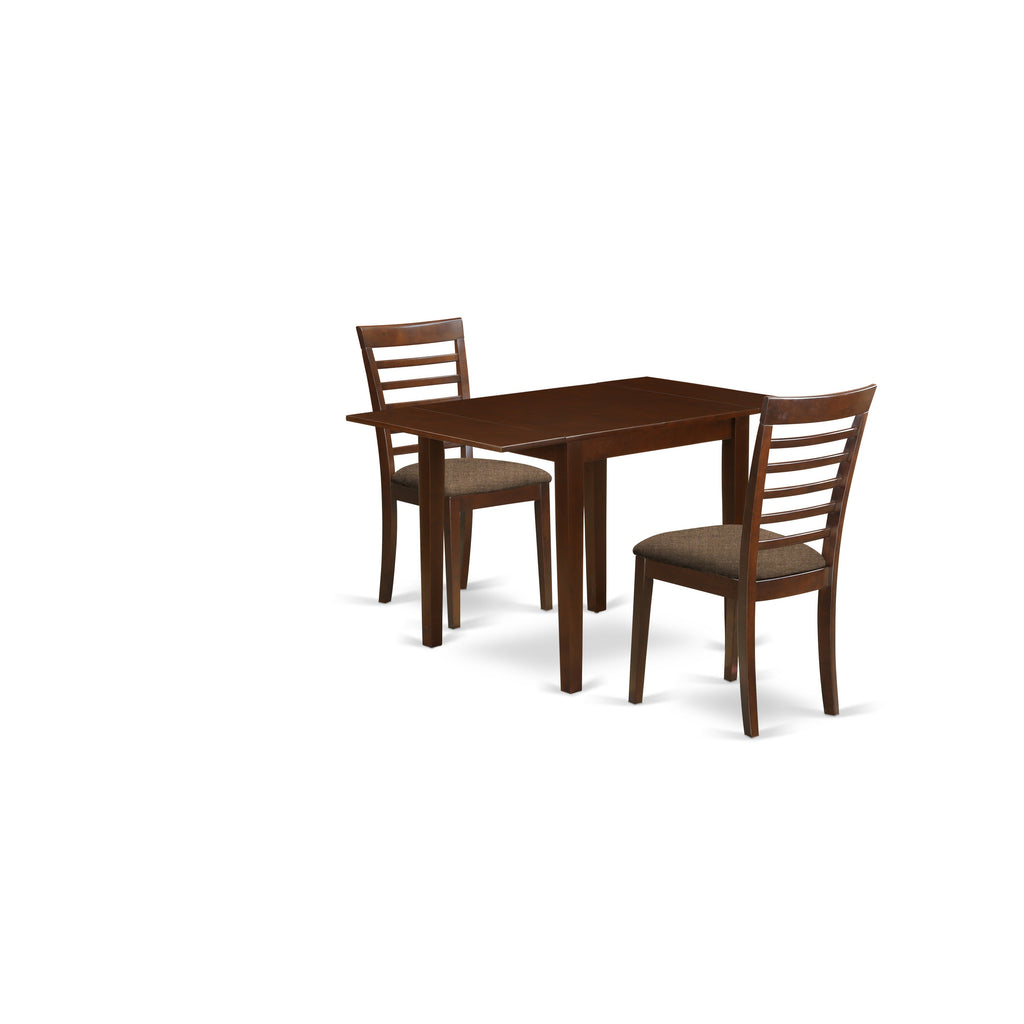 East West Furniture NDML3-MAH-C 3 Piece Dining Set Contains a Rectangle Dining Room Table with Dropleaf and 2 Linen Fabric Upholstered Kitchen Chairs, 30x48 Inch, Mahogany