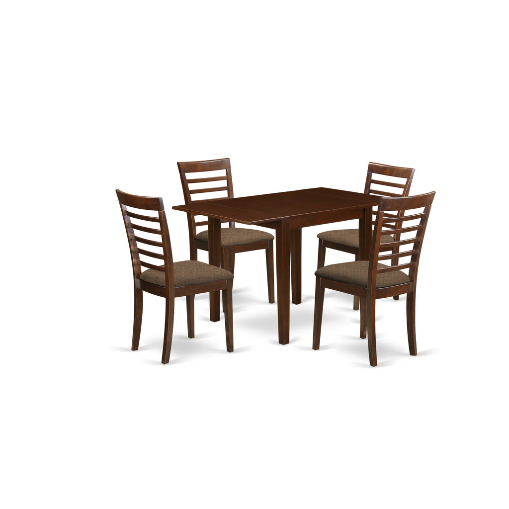 East West Furniture NDML5-MAH-C 5 Piece Modern Dining Table Set Includes a Rectangle Wooden Table with Dropleaf and 4 Linen Fabric Dining Room Chairs, 30x48 Inch, Mahogany