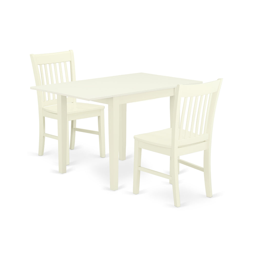 East West Furniture NDNO3-LWH-W 3 Piece Dining Room Table Set Contains a Rectangle Kitchen Table with Dropleaf and 2 Dining Chairs, 30x48 Inch, Linen White