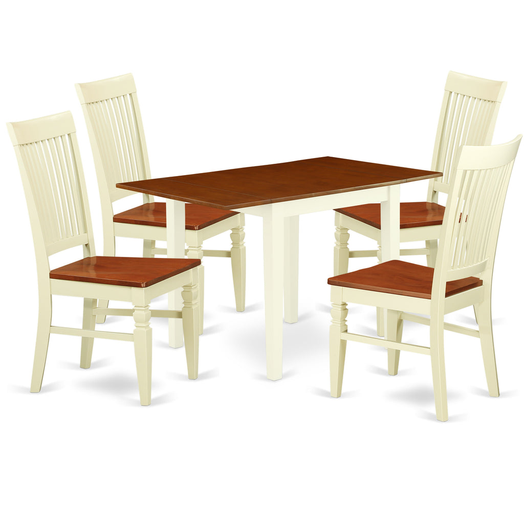 East West Furniture NDWE5-WHI-W 5 Piece Dining Room Table Set Includes a Rectangle Kitchen Table with Dropleaf and 4 Dining Chairs, 30x48 Inch, Buttermilk & Cherry