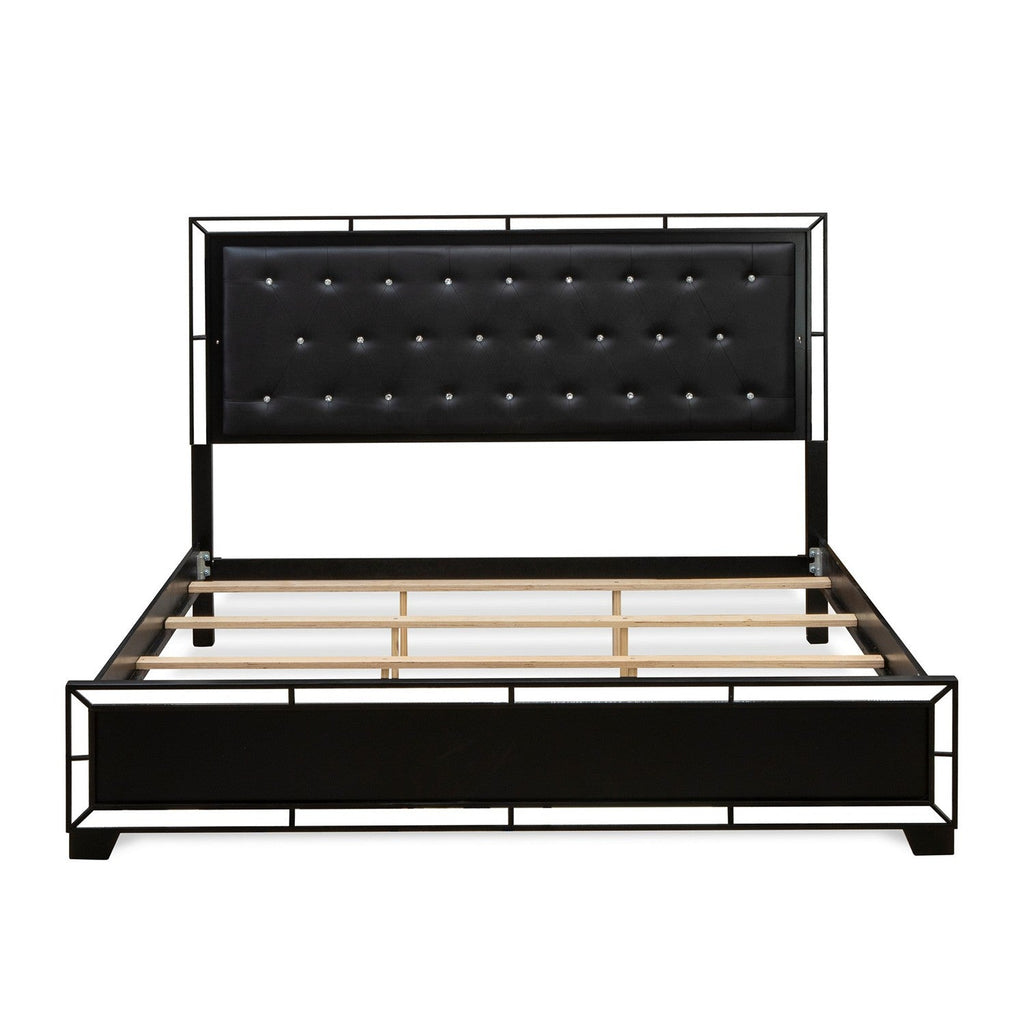 NE11-K1NDM0 4-Pc Nella Button Tufted King Size Bed Set with a Bed Frame, Mid Century Dresser, Makeup Mirror, and Small End Table - Black Leather King Headboard and Black Legs