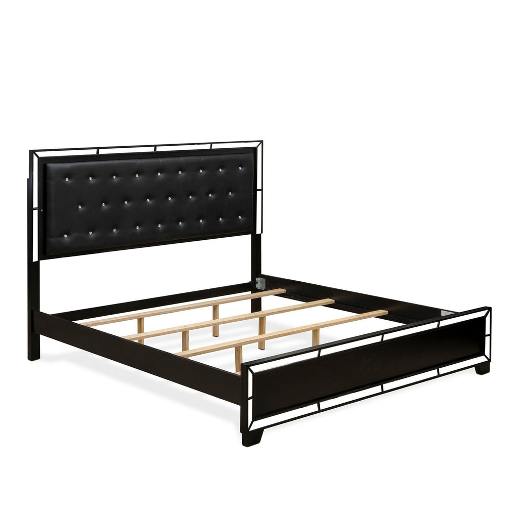East West Furniture NE11-K1NDMC 5-PC Nella Bedroom Set with a Button Tufted King Bed, Drawer Dresser, Mirror Bedroom, Chest of Drawers and a Night Stand - Black Leather Head board and Black Legs