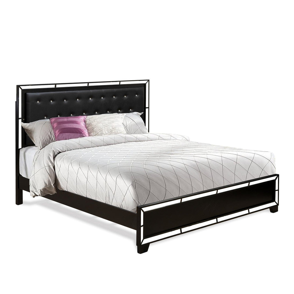 NE11-K00DMC 4-Piece Nella Bedroom Furniture Set with Button Tufted Bed Frame, Dresser Bedroom, Makeup Mirror, Chest for Bedroom - Black Leather King Headboard and Black Legs