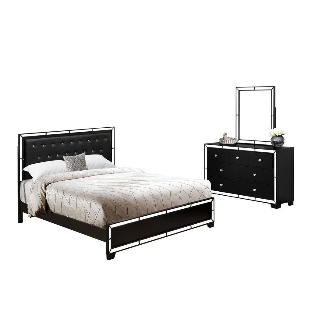 NE11-K00DM0 3-Pc Nella Frame Set with a King Size Bed, Bedroom Dresser and Make Up Mirror - Black Leather Head Board and Black Legs