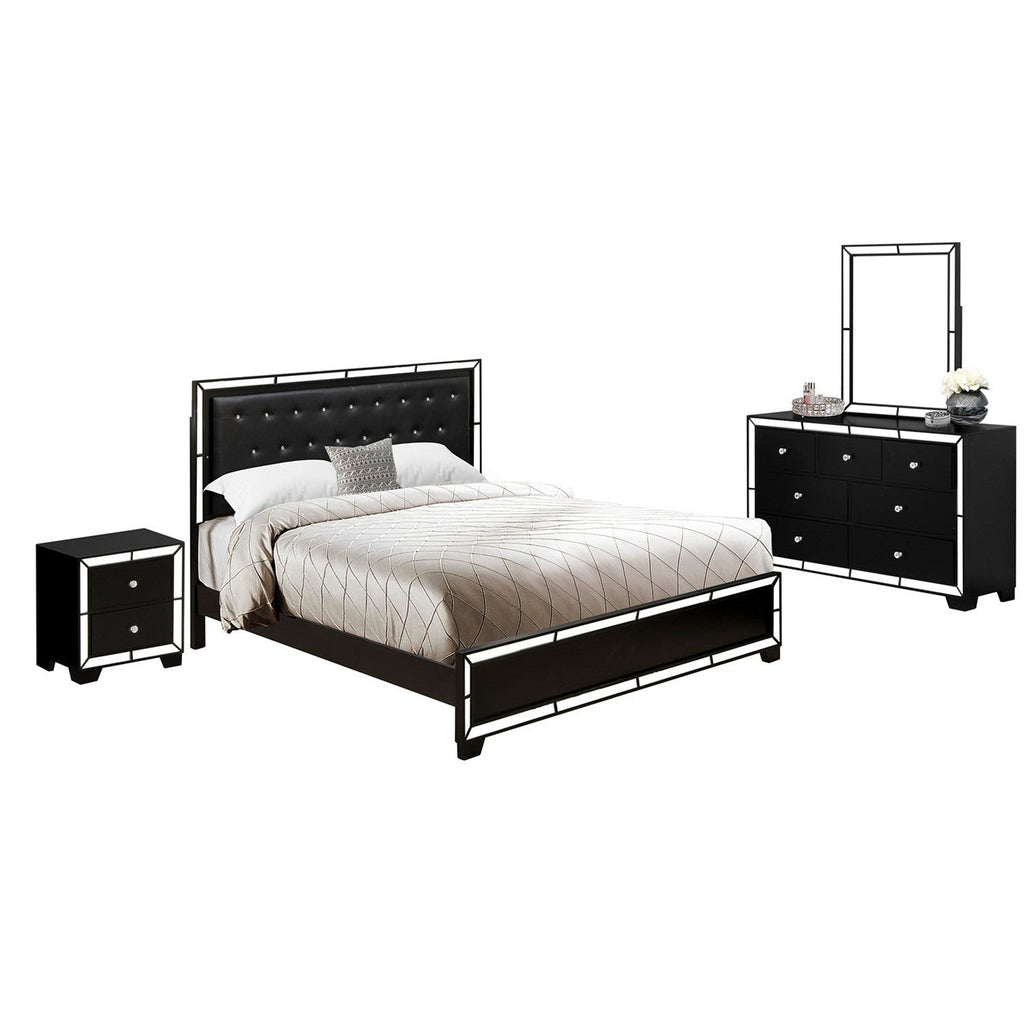 NE11-K1NDM0 4-Pc Nella Button Tufted King Size Bed Set with a Bed Frame, Mid Century Dresser, Makeup Mirror, and Small End Table - Black Leather King Headboard and Black Legs
