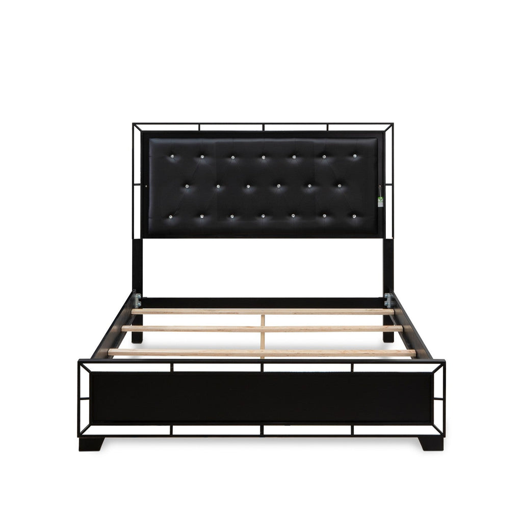 NE11-Q2NDMC 6-PC Nella Queen Bed Set with Button Tufted Queen Size Bed Frame, Dresser, Large Mirror, Small Chest of Drawers and 2 End Tables - Black Leather Headboard and Legs