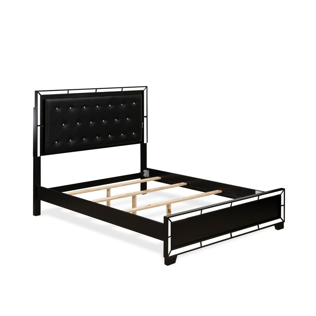 NE11-Q2N000 3-PC Nella Bedroom Set with Button Tufted Queen Bedframe and 2 Mid Century Modern Nightstands - Black Leather Headboard and Black legs