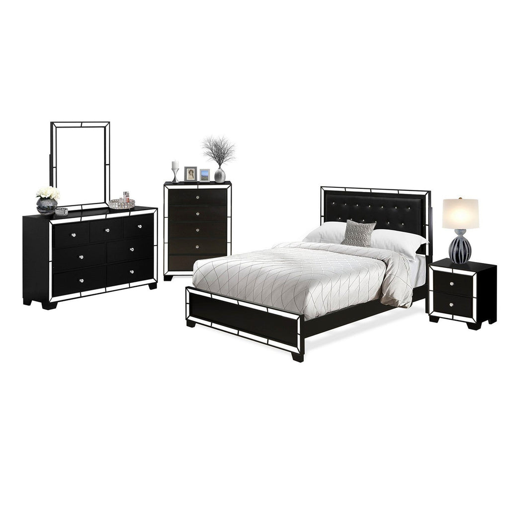 NE11-Q1NDMC 5-PC Nella Bedroom Set with Button Tufted Queen Size Wooden Bed Frame, Dresser Wood, Small Mirror, Chest and 1 Nightstand - Black Leather Queen Headboard and Legs