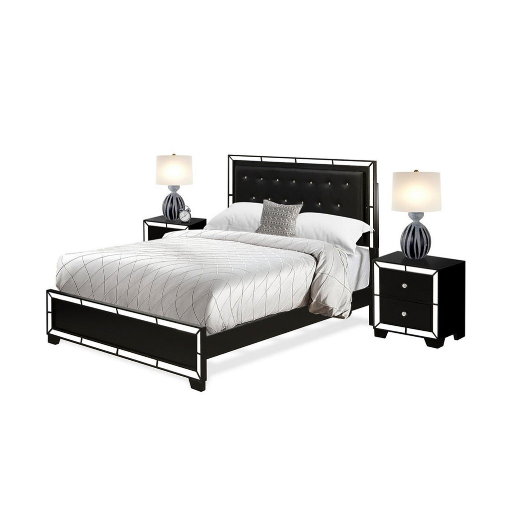 NE11-Q2N000 3-PC Nella Bedroom Set with Button Tufted Queen Bedframe and 2 Mid Century Modern Nightstands - Black Leather Headboard and Black legs