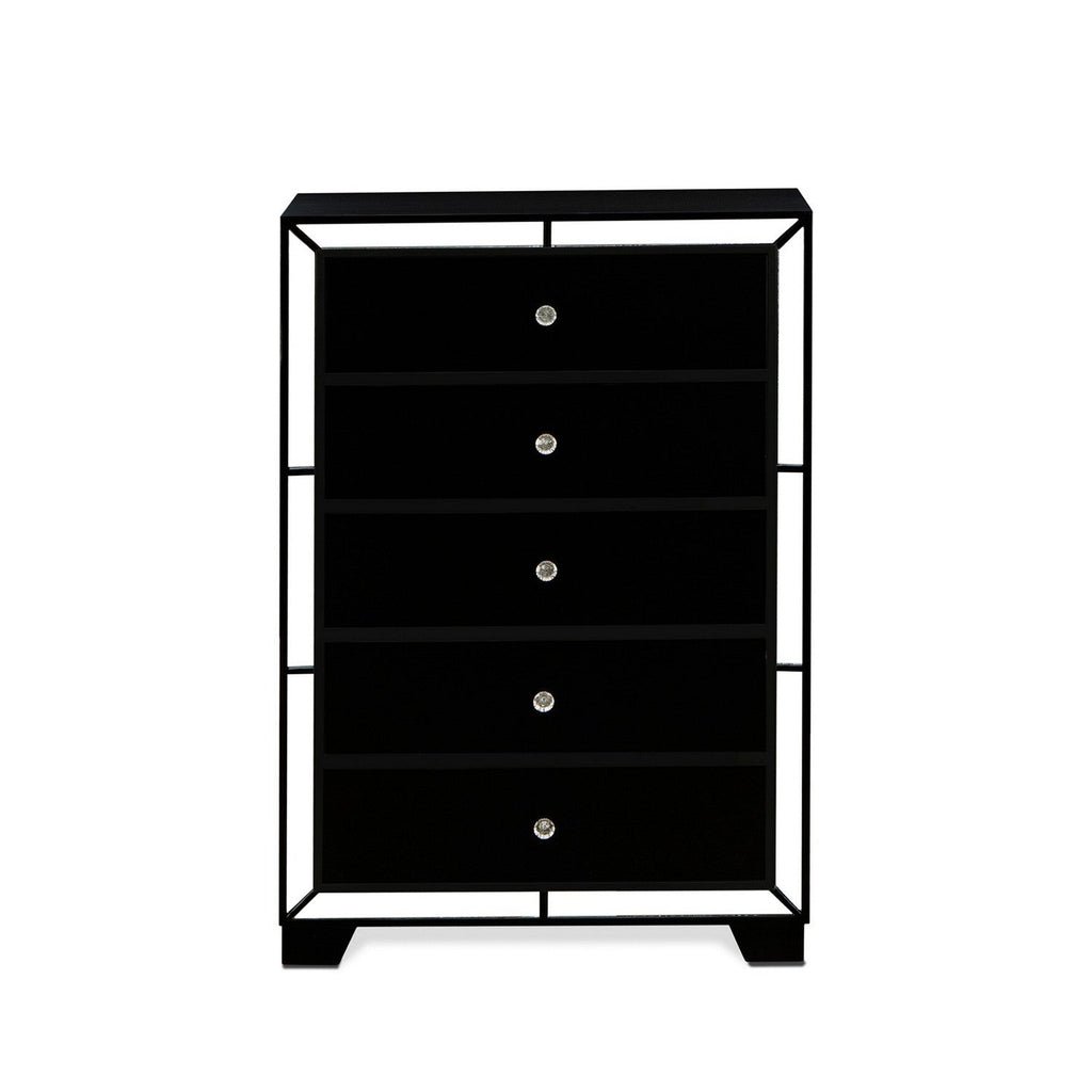 East West Furniture NE11-K0000C 2-Pc Nella Wooden Set for Bedroom with a Button Tufted King Size Bed Frame and Small Chest of Drawers - Black Leather Head Board and Black Legs