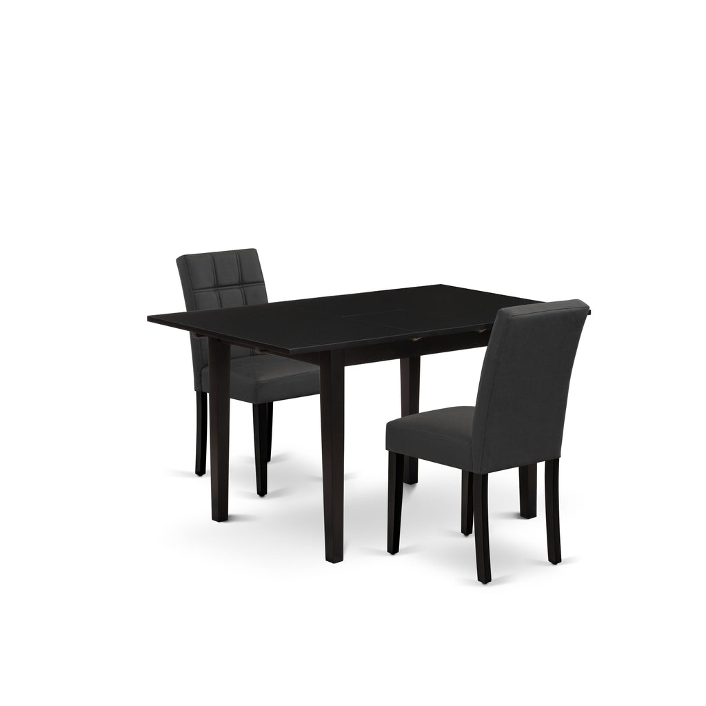 East West Furniture NFAS3-BLK-12 3 Piece Dinner Table Set consists A Wooden Table and 2 Dark Gray Faux Leather Padded Chairs with Stylish Back- Black Finish