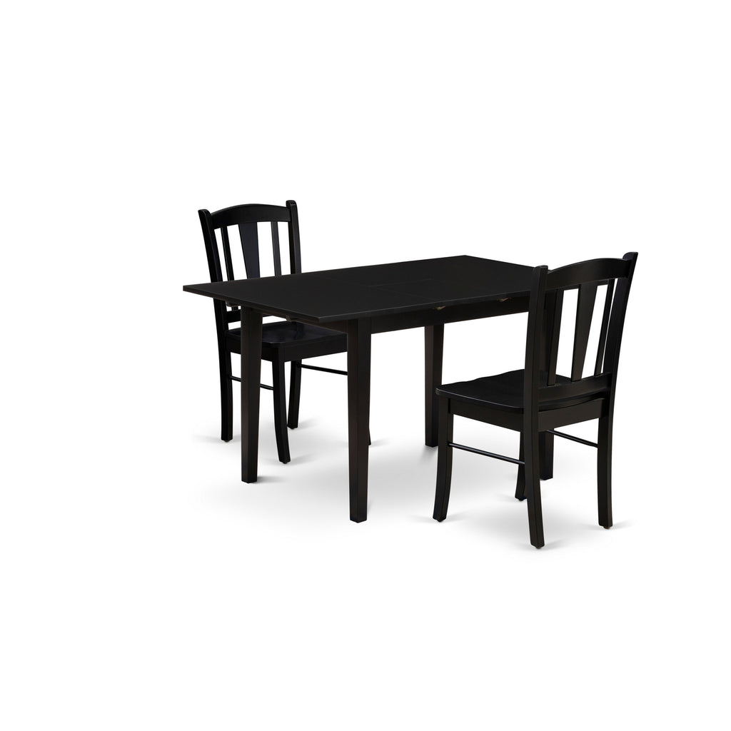 East West Furniture NFDL3-BLK-W 3 Piece Dining Room Furniture Set Contains a Rectangle Wooden Table with Butterfly Leaf and 2 Kitchen Dining Chairs, 32x54 Inch, Black