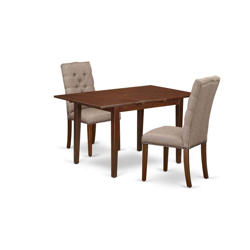 East West Furniture NFEL3-MAH-16 3 Piece Small Dinette Set Contains a Rectangle Butterfly Leaf Dining Table and 2 Dark Khaki Linen Fabric Upholstered Chairs, 32x54 Inch, Mahogany