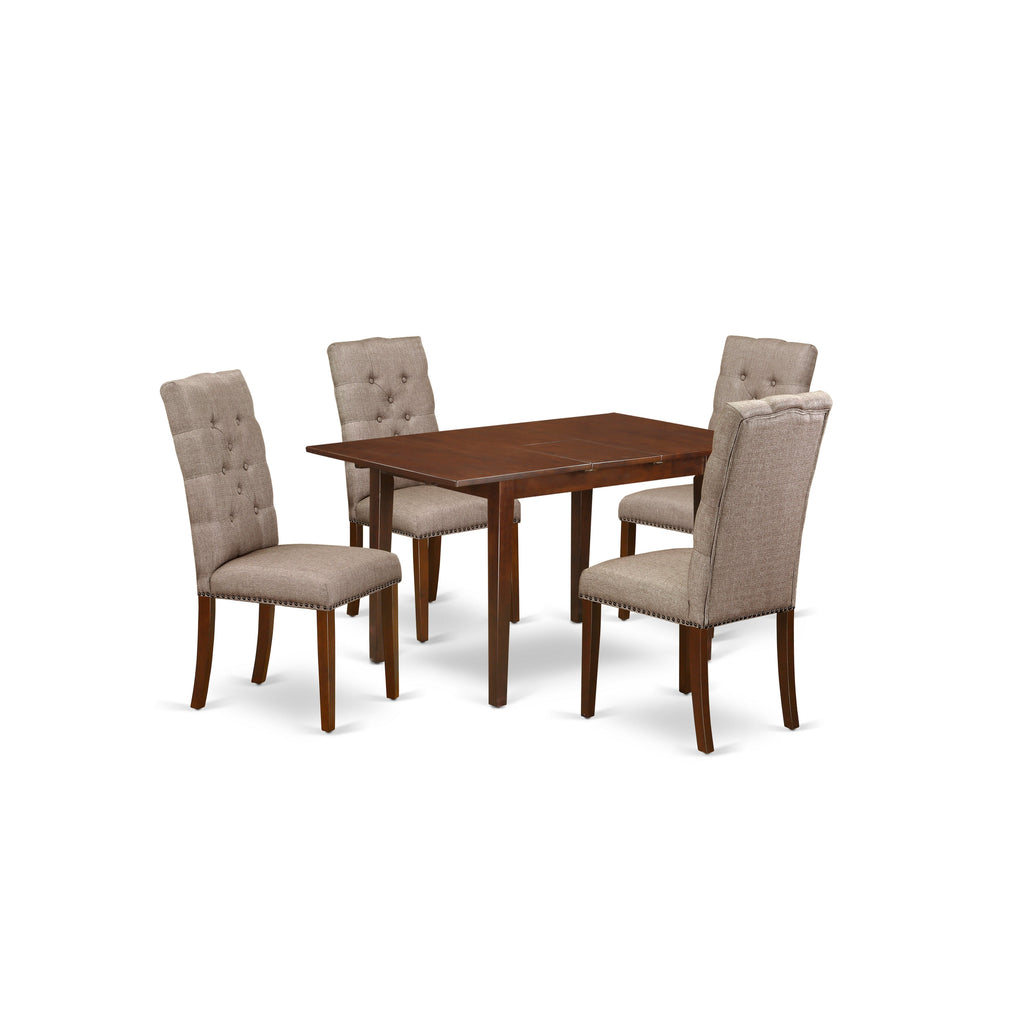 East West Furniture NFEL5-MAH-16 5 Piece Dining Room Table Set Includes a Rectangle Kitchen Table with Butterfly Leaf and 4 Dark Khaki Linen Fabric Parsons Chairs, 32x54 Inch, Mahogany