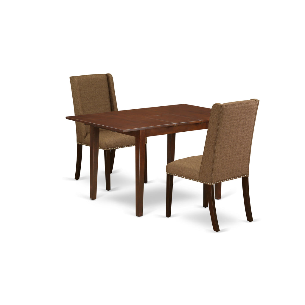 East West Furniture NFFL3-MAH-18 3 Piece Modern Dining Table Set Contains a Rectangle Wooden Table with Butterfly Leaf and 2 Brown Linen Linen Fabric Parson Chairs, 32x54 Inch, Mahogany
