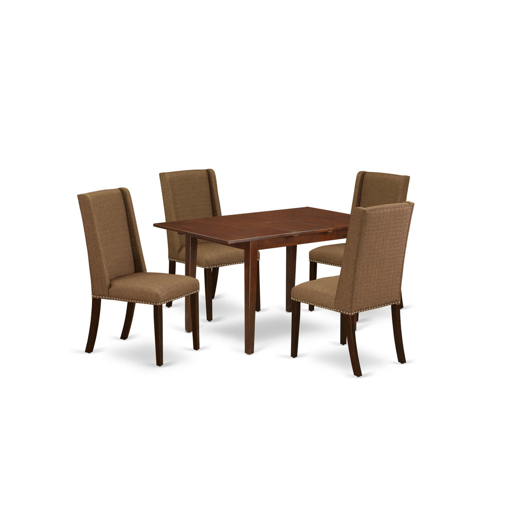 East West Furniture NFFL5-MAH-18 5 Piece Kitchen Table Set for 4 Includes a Rectangle Dining Table with Butterfly Leaf and 4 Brown Linen Linen Fabric Parson Chairs, 32x54 Inch, Mahogany