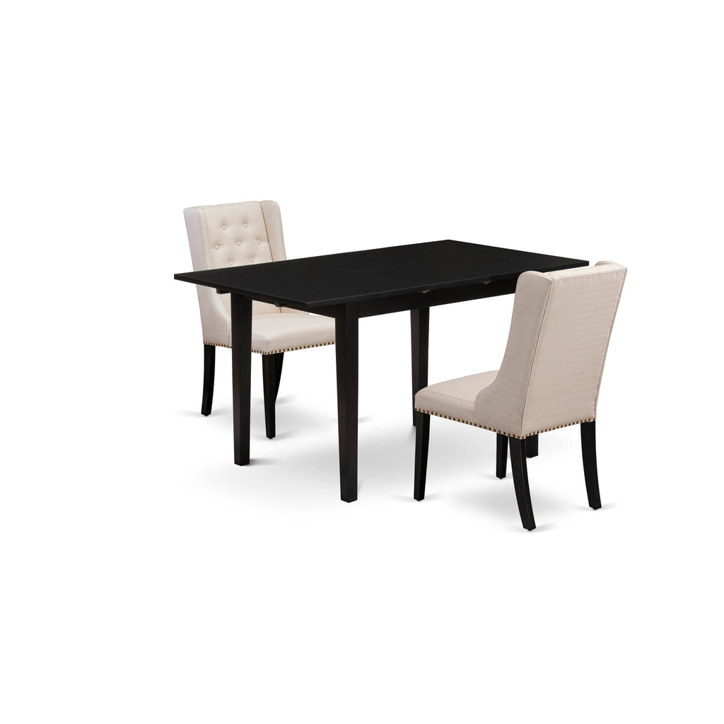 East West Furniture NFFO3-BLK-01 3 Piece Dining Room Table Set Contains a Rectangle Kitchen Table with Butterfly Leaf and 2 Cream Linen Fabric Parson Dining Chairs, 32x54 Inch, Black