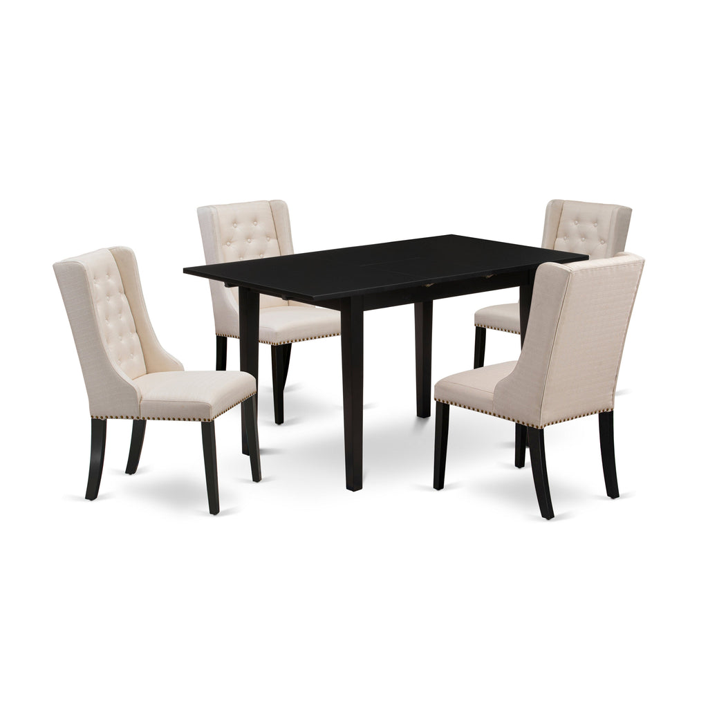 East West Furniture NFFO5-BLK-01 5 Piece Dining Set Includes a Rectangle Dining Room Table with Butterfly Leaf and 4 Cream Linen Fabric Upholstered Chairs, 32x54 Inch, Black