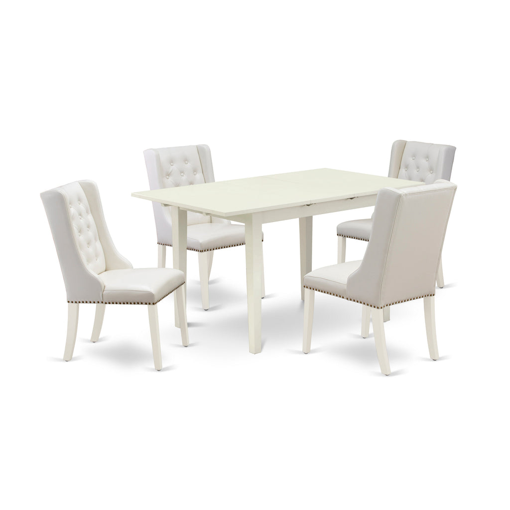 East West Furniture NFFO5-LWH-44 5 Piece Dining Table Set for 4 Includes a Rectangle Kitchen Table with Butterfly Leaf and 4 Light grey Faux Leather Parson Chairs, 32x54 Inch, Linen White