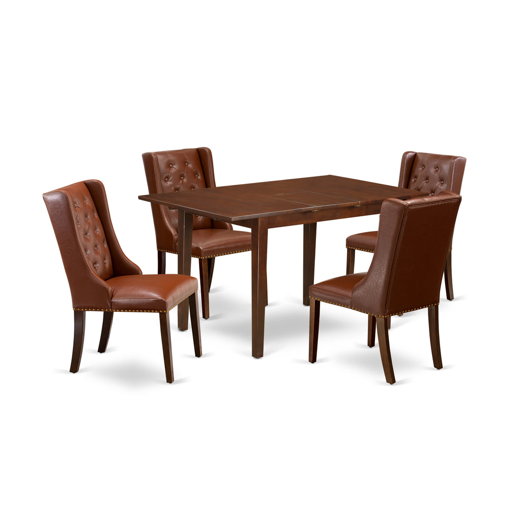 East West Furniture NFFO5-MAH-46 5 Piece Dining Set Includes a Rectangle Dining Room Table with Butterfly Leaf and 4 Brown Faux Faux Leather Upholstered Chairs, 32x54 Inch, Mahogany