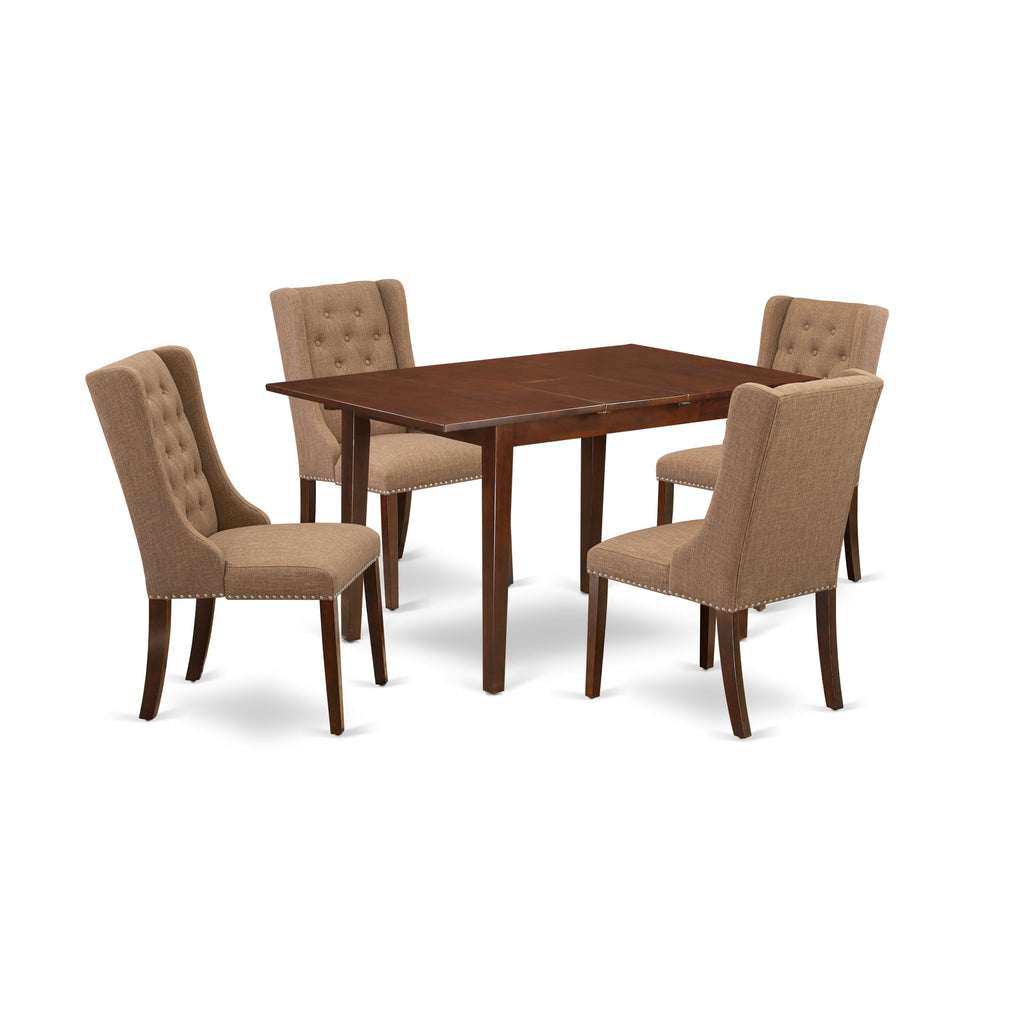 East West Furniture NFFO5-MAH-47 5 Piece Dining Table Set for 4 Includes a Rectangle Kitchen Table with Butterfly Leaf and 4 Light Sable Linen Fabric Parson Chairs, 32x54 Inch, Mahogany
