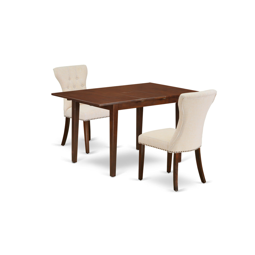 East West Furniture NFGA3-MAH-32 3 Piece Dining Table Set Contains a Rectangle Wooden Table with Butterfly Leaf and 2 Light Beige Linen Fabric Upholstered Chairs, 32x54 Inch, Mahogany