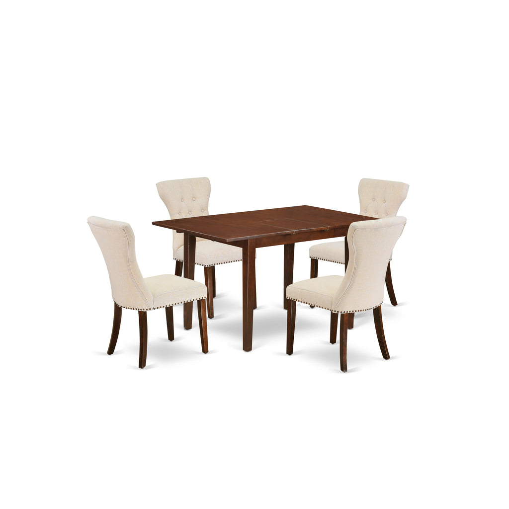 East West Furniture NFGA5-MAH-32 5 Piece Dining Room Table Set Includes a Rectangle Kitchen Table with Butterfly Leaf and 4 Light Beige Linen Fabric Parson Chairs, 32x54 Inch, Mahogany