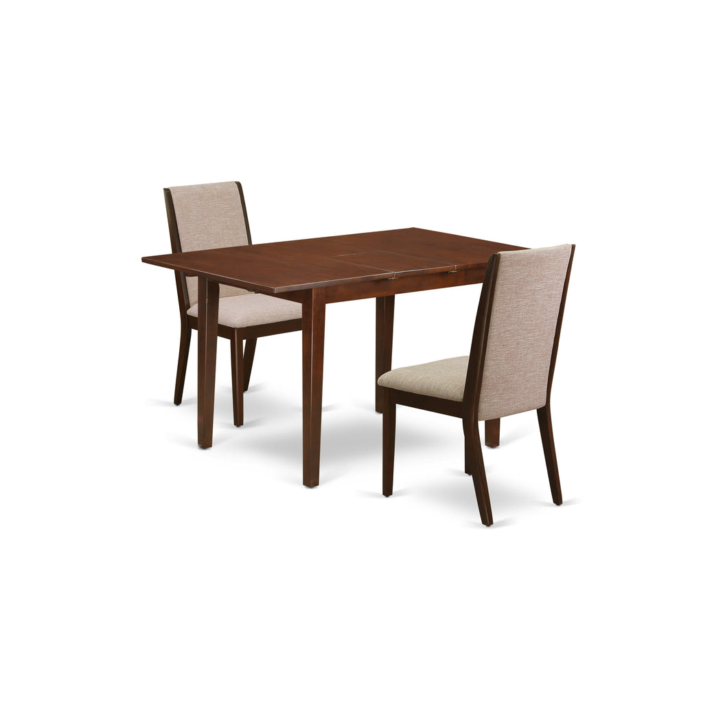 East West Furniture NFLA3-MAH-04 3 Piece Dining Room Table Set Contains a Rectangle Kitchen Table with Butterfly Leaf and 2 Light Tan Linen Fabric Parsons Chairs, 32x54 Inch, Mahogany
