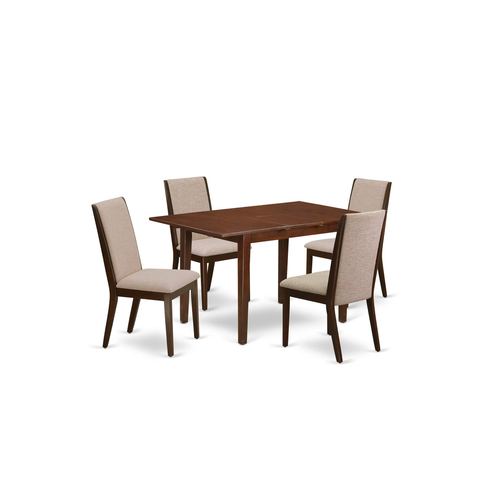 East West Furniture NFLA5-MAH-04 5 Piece Dining Set Includes a Rectangle Dining Room Table with Butterfly Leaf and 4 Light Tan Linen Fabric Upholstered Chairs, 32x54 Inch, Mahogany