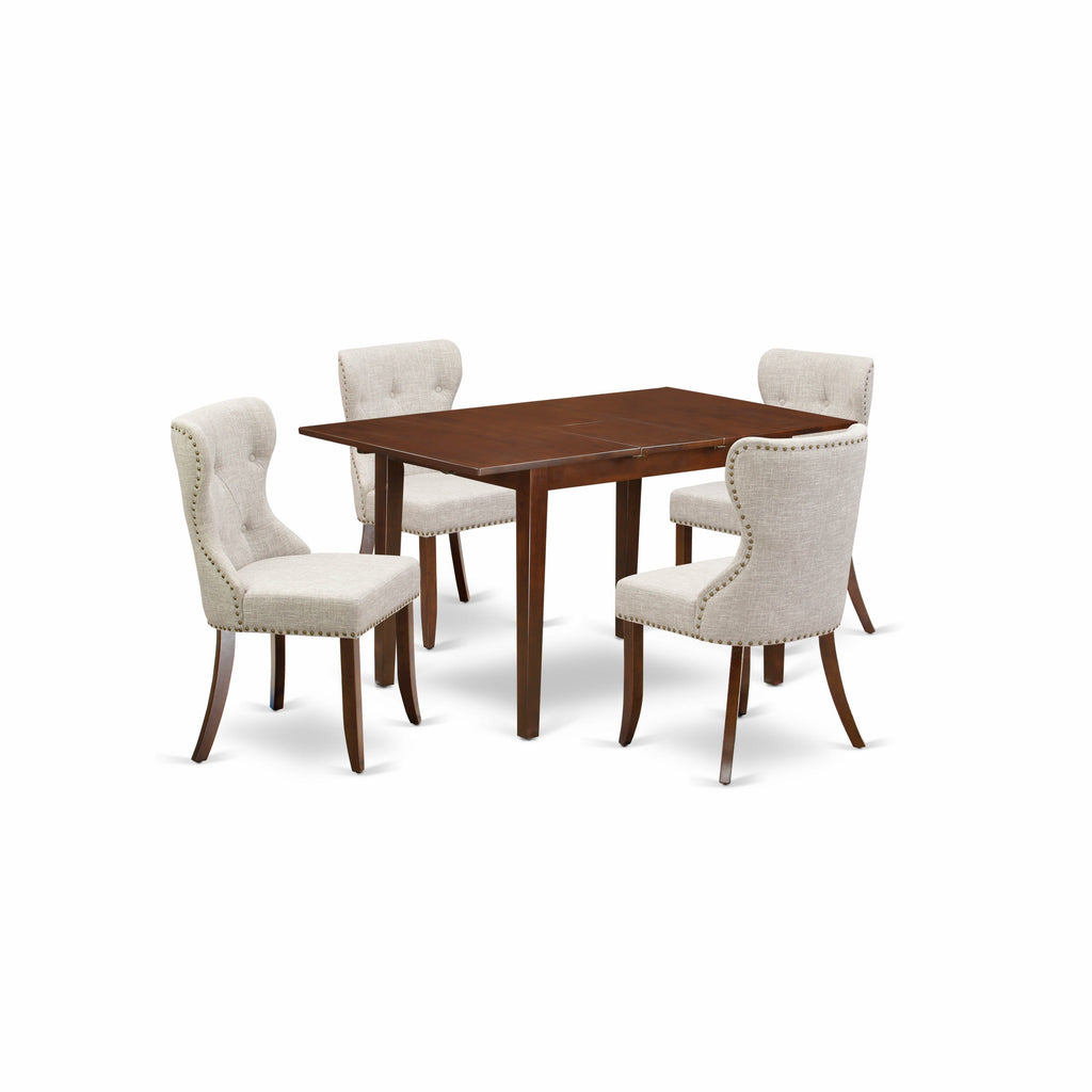 East West Furniture NFSI5-MAH-35 5 Piece Dining Set Includes a Rectangle Dining Room Table with Butterfly Leaf and 4 Doeskin Linen Fabric Upholstered Chairs, 32x54 Inch, Mahogany