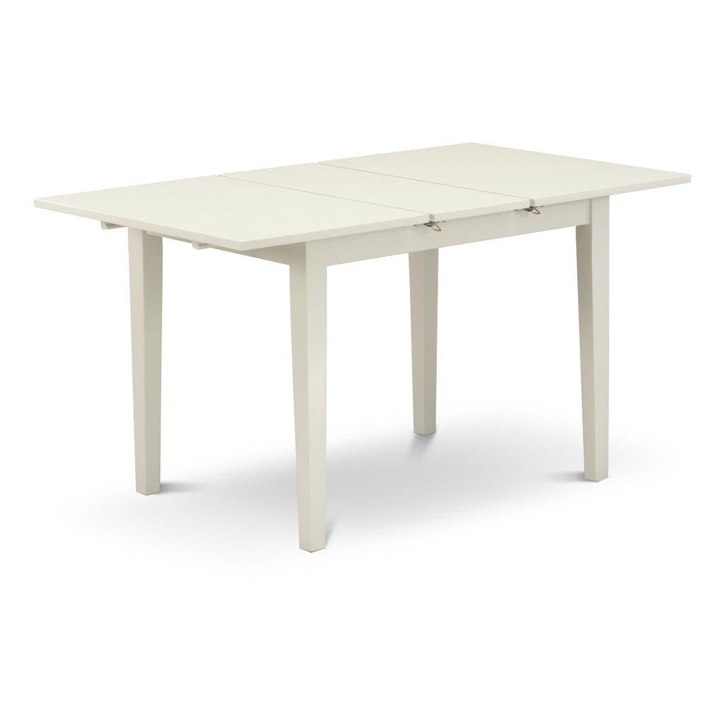 East West Furniture NOWE3-WHI-W 3 Piece Dining Table Set for Small Spaces Contains a Rectangle Dining Room Table with Butterfly Leaf and 2 Wood Seat Chairs, 32x54 Inch, Linen White