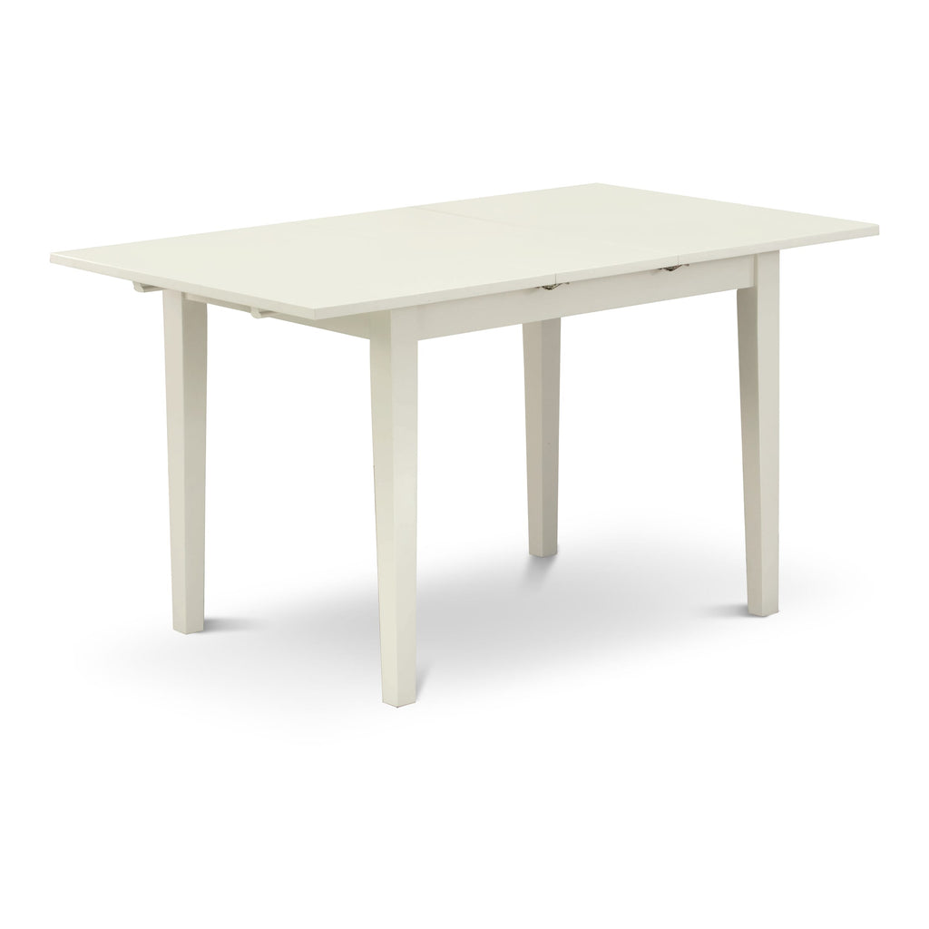 East West Furniture NOWE3-WHI-W 3 Piece Dining Table Set for Small Spaces Contains a Rectangle Dining Room Table with Butterfly Leaf and 2 Wood Seat Chairs, 32x54 Inch, Linen White