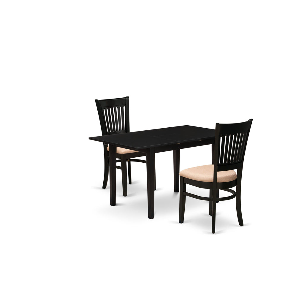 East West Furniture NFVA3-BLK-C 3 Piece Dining Set Contains a Rectangle Dining Room Table with Butterfly Leaf and 2 Linen Fabric Upholstered Chairs, 32x54 Inch, Black