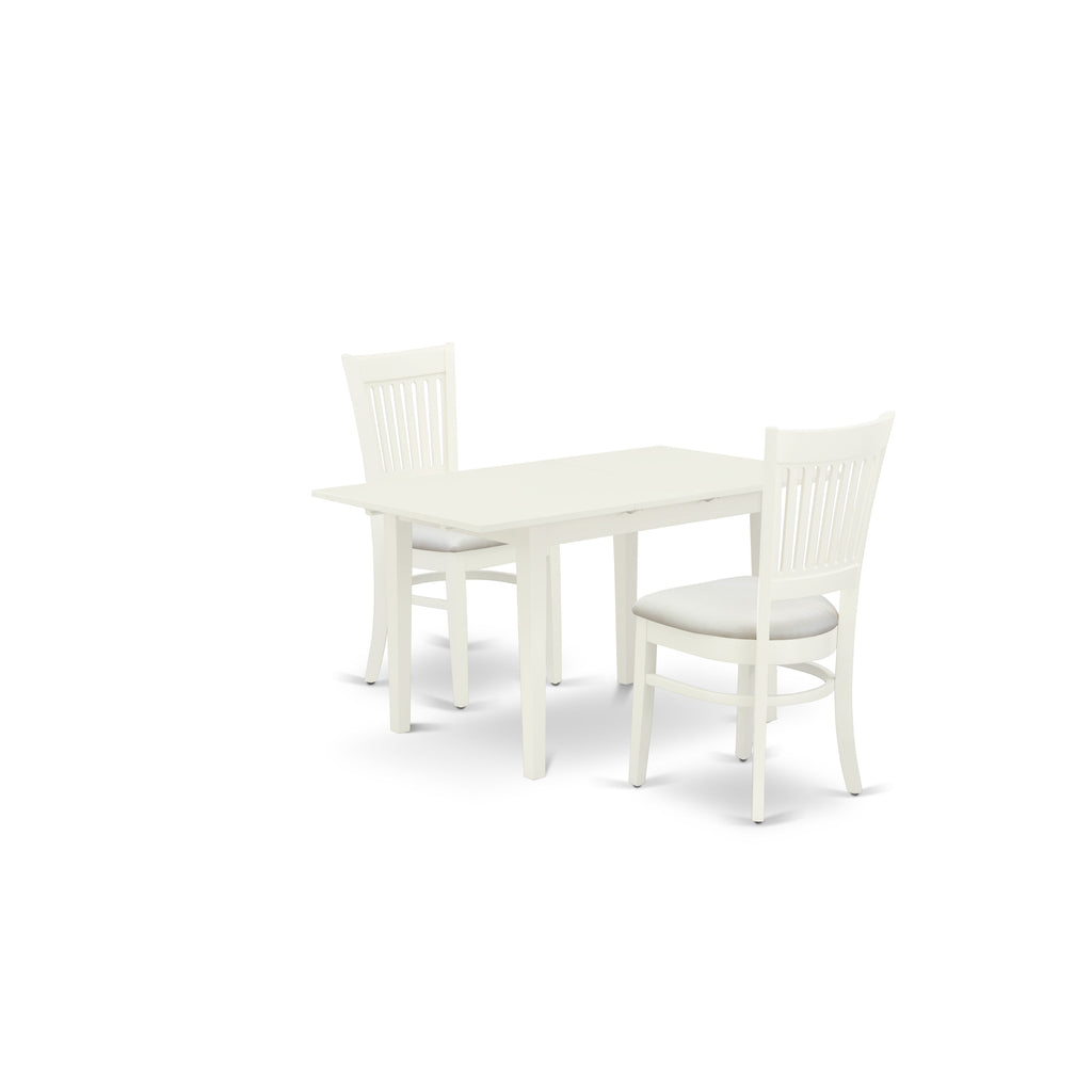 East West Furniture NFVA3-LWH-C 3 Piece Kitchen Table Set Contains a Rectangle Dining Room Table with Butterfly Leaf and 2 Linen Fabric Upholstered Chairs, 32x54 Inch, Linen White