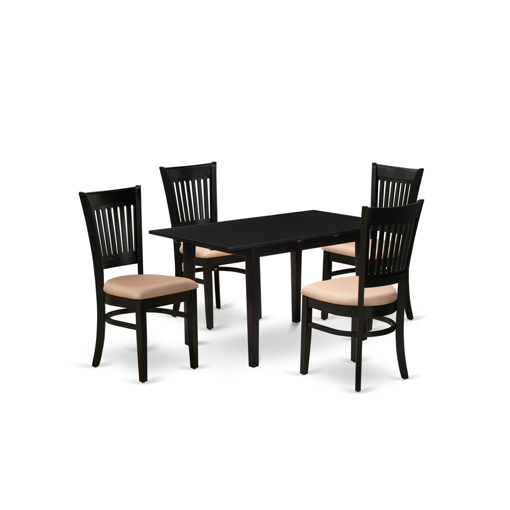 East West Furniture NFVA5-BLK-C 5 Piece Modern Dining Table Set Includes a Rectangle Wooden Table with Butterfly Leaf and 4 Linen Fabric Upholstered Chairs, 32x54 Inch, Black
