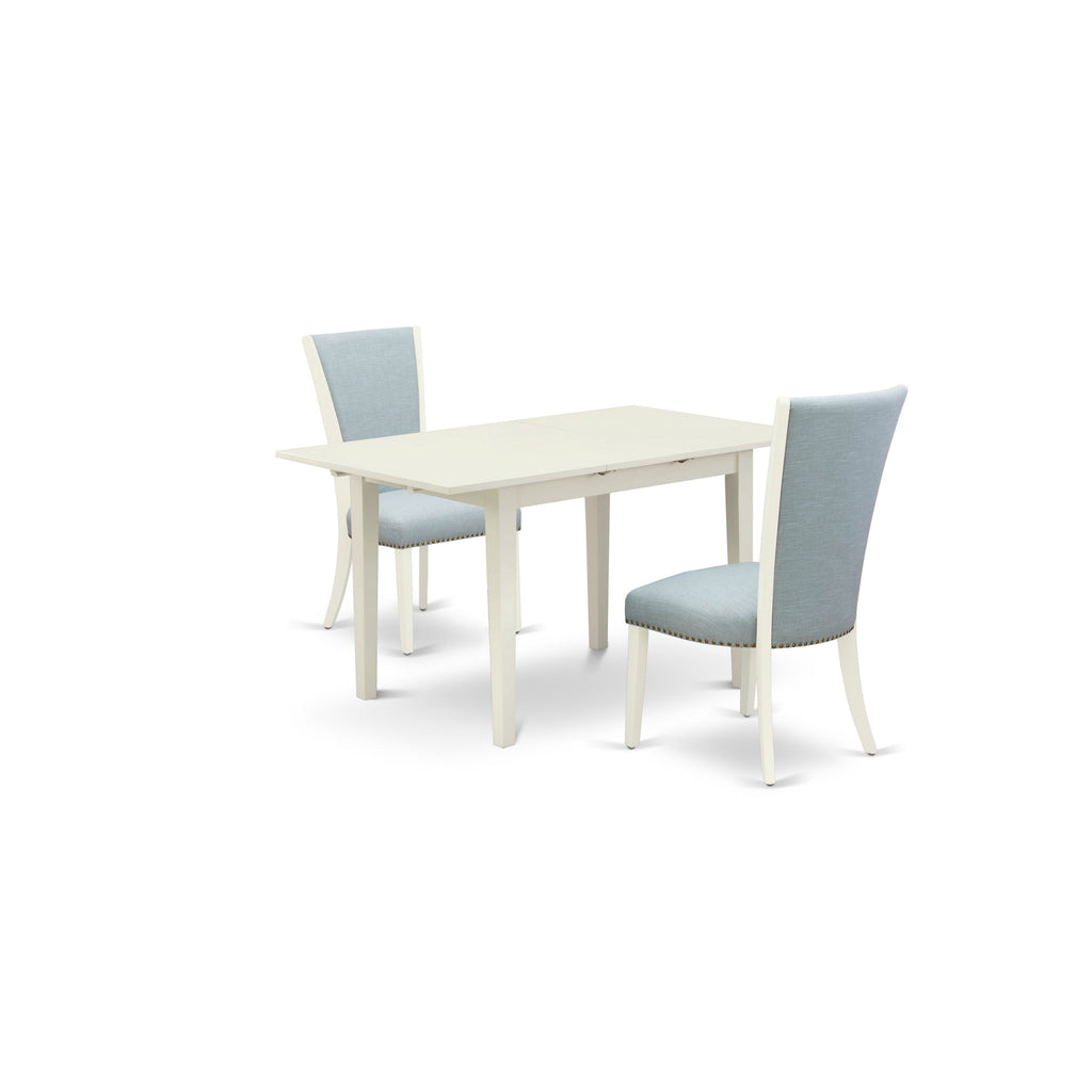 East West Furniture NFVE3-LWH-15 3 Piece Dining Set Contains a Rectangle Dining Room Table with Butterfly Leaf and 2 Baby Blue Linen Fabric Upholstered Chairs, 32x54 Inch, Linen White