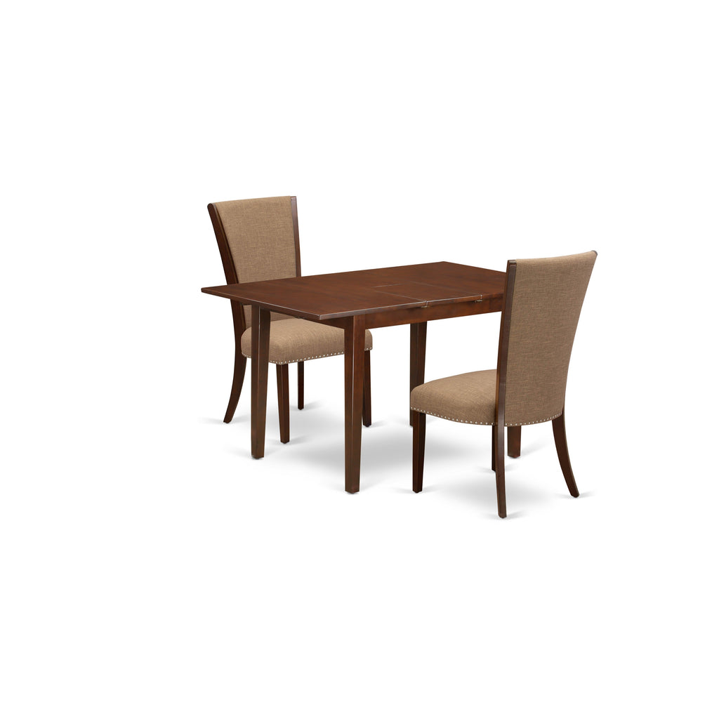 East West Furniture NFVE3-MAH-47 3 Piece Kitchen Table Set Contains a Rectangle Dining Room Table with Butterfly Leaf and 2 Light Sable Linen Fabric Parson Chairs, 32x54 Inch, Mahogany