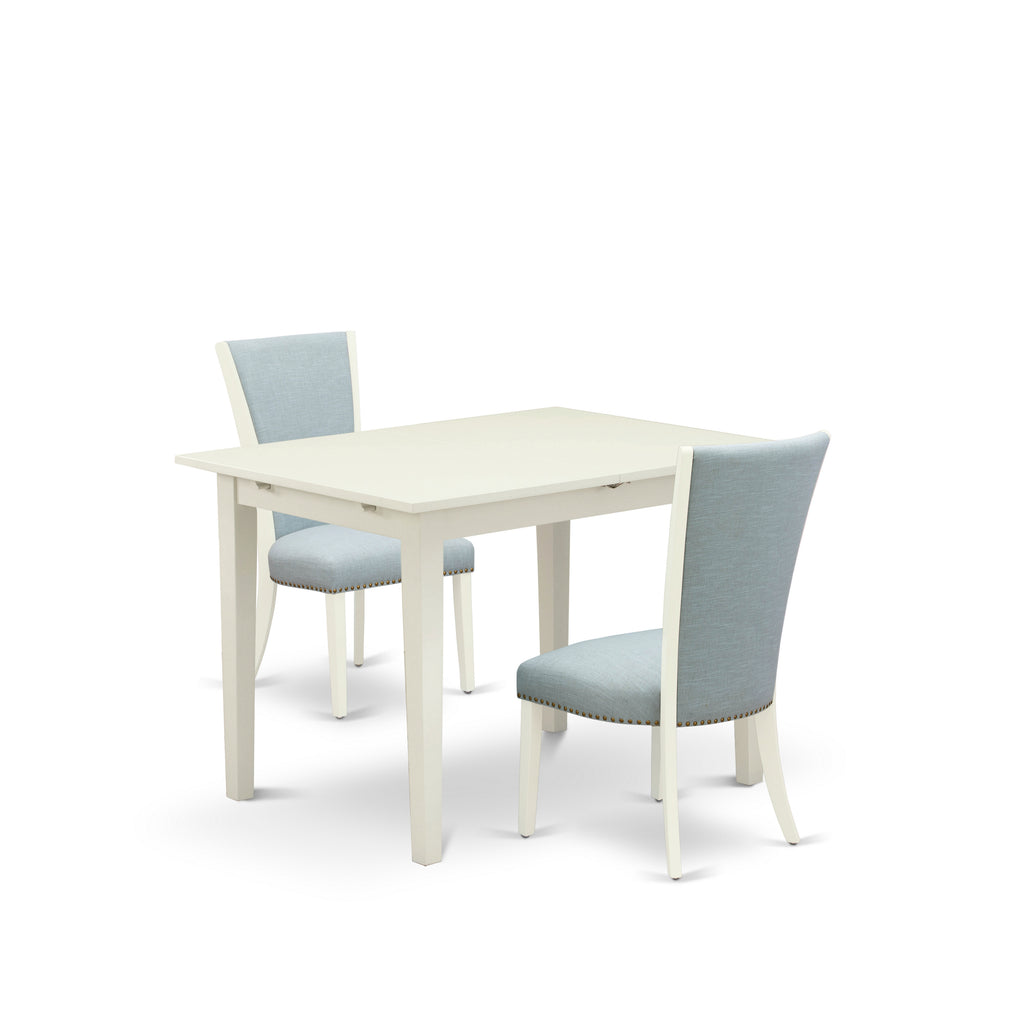 East West Furniture NFVE3-WHI-15 3 Piece Dining Room Table Set Contains a Rectangle Kitchen Table with Butterfly Leaf and 2 Baby Blue Linen Fabric Parson Chairs, 32x54 Inch, Linen White