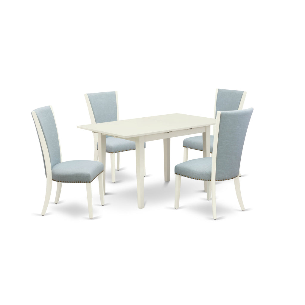 East West Furniture NFVE5-LWH-15 5 Piece Modern Dining Table Set Includes a Rectangle Wooden Table with Butterfly Leaf and 4 Baby Blue Linen Fabric Parsons Chairs, 32x54 Inch, Linen White